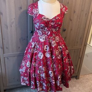 Hell Bunny vintage Sugar Skull dress- L red dia de los muertos